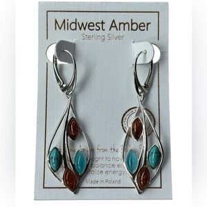 Midwest Amber Sterling Silver Lever Back Amber & Turquoise Drop Leaf Earrings